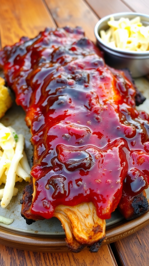 Delicious barbecue ribs on a plate with coleslaw and cornbread, garnished with parsley, on a rustic table.